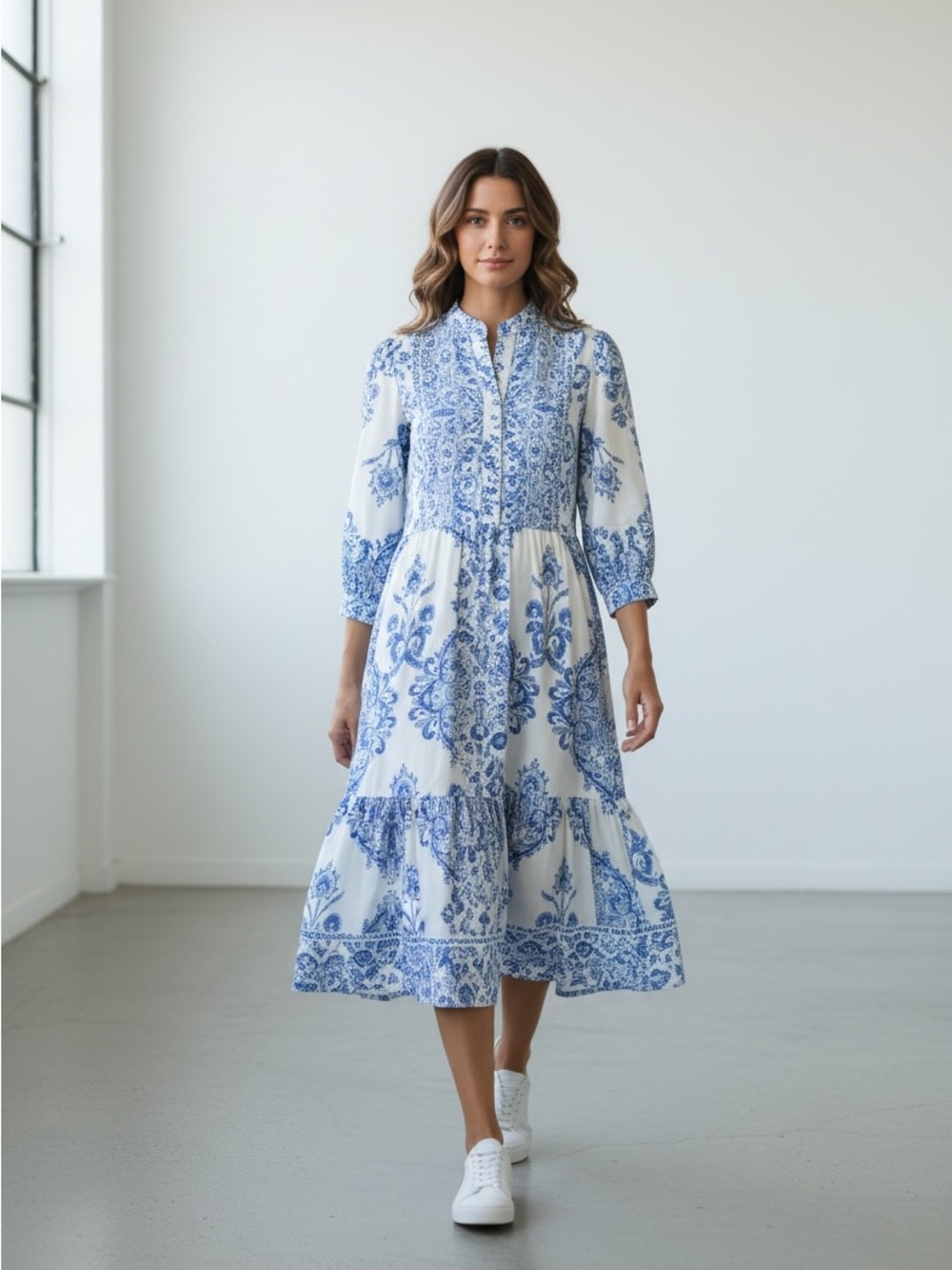 Blue & White Printed Midi Dress - Smocked Bodice